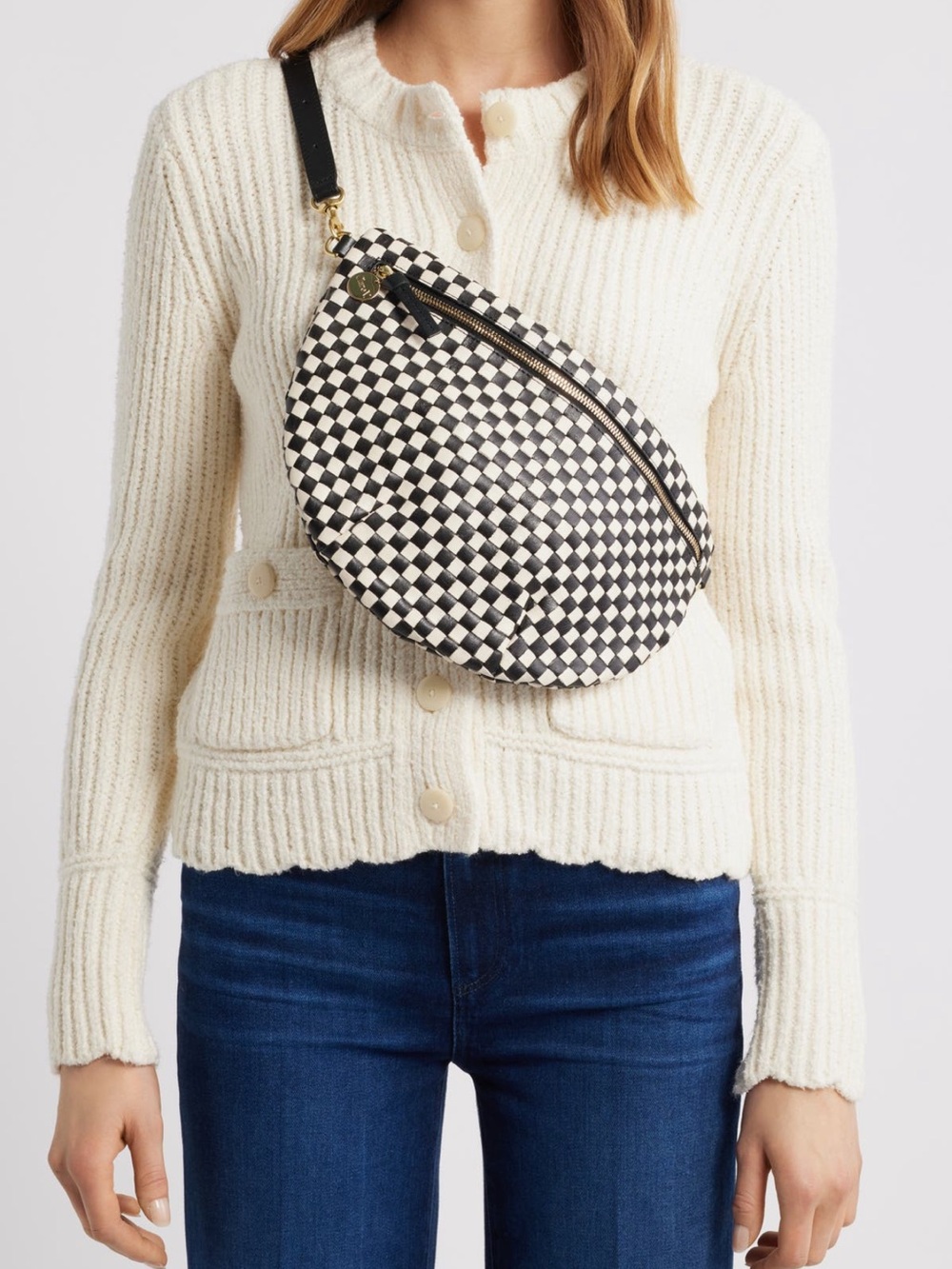 Clare V Woven Checker Black & White Crossbody Belt Bag